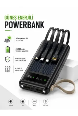 ÇELİKWORK 30.000 mAh Güneş Enerjili Powerbank 2 USB Type-C Lightning Mikro Kablolu Fenerli Taşınabilir Şarjlı!