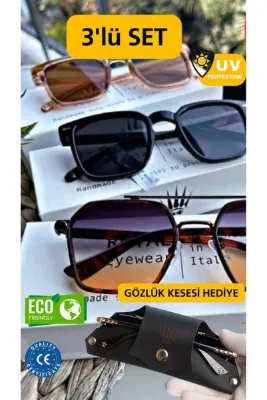 WATCHOFROYAL Üçlü Set Degrade&Rose&Siyah Güneş Gözlüğü Kadın & Erkek UV400 Cam Orjinal CE Belgeli