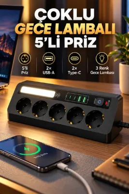 asua Çoklu Gece Lambalı Priz Yüksek Gerilim Korumalı 4'LÜ Priz 2XUSB 2XType-C Çıkışlı Grup Priz Çoğaltıcı