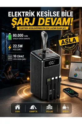 ÇELİKWORK 80000mAh 22.5W Hızlı Şarj Powerbank Dijital Göstergeli Dahili Lightning Type-C Micro USB Kablolu 7 Port