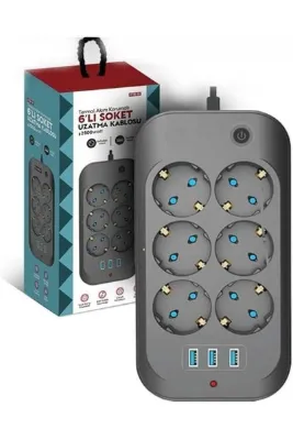 solutions technology Akım Korumalı 6'lı Priz 3 Usb Çıkışlı – 2 Metre Kablo, Anahtarlı, Alev Geciktirici Tasarım
