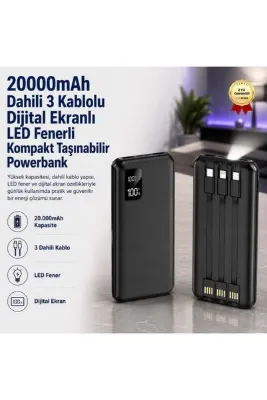hızlı store Powerbank 20000mAh Dahili 3 Kablolu Dijital Ekranlı LED Fenerli Kompakt Taşınabilir Şarj Cihazı