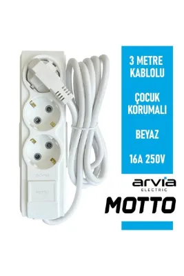 arvia Motto Üçlü Topraklı Grup Priz Çocuk Korumalı 3 Metre Kablolu 35 01 1003 403