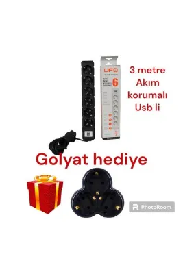 UFO Akım Korumalı Usb Sarj Aleti 6 Lı 3 Metre Siyah Topraklı Grup Priz Golyat Hediyeli