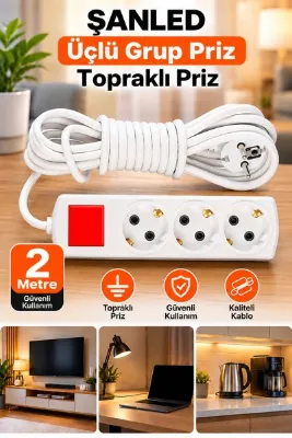ŞANLED Grup Priz Topraklı 3'lü Çoklu Priz Seyyar Ara Uzatma Kablosu Kablo 2 Metre