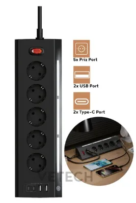 Vetech Akım Korumalı Priz Masaüstü 5xPriz, 2x USB, 2x Type-C Girişli Led aydınlatmalı Masa Prizi