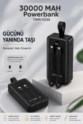 Torima Powerbank Dijital Göstergeli 2 Çıkışlı 30.000 Mah Taşınabilir Hızlı Şarj Aleti TRM1035 Siyah