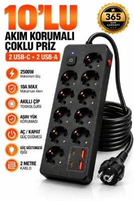 SAYMOND Pro Akım Korumalı Topraklı 10'lu Çoklu Priz 2 USB-C 2 USB-A Çıkışlı 2500W Anahtarlı Uzatma Prizi