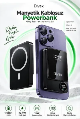 Divex 10000 mAh Wireless Manyetik Powerbank 22.5W Hızlı Şarj 15W Kablosuz Şarj Dijital Göstergeli