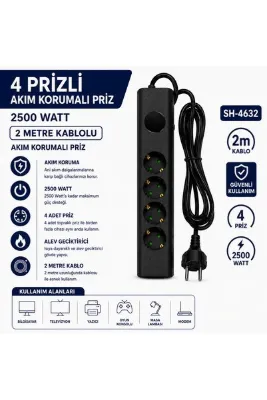 AŞIK STORE SH-4632 4’lü Akım Korumalı Priz 2500W 2 Metre Kablolu Anahtarlı Topraklı Çoklu Grup Priz Uzatma Kablosu