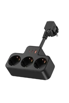 sonx Çok Fonksiyonlu 3'lü Priz Çoğaltıcı - 2x Type-C ve 1x USB-A Şarj Portlu Kısa Kablolu Grup Priz