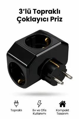 Alıç 3'lü Topraklı Çoklayıcı Priz Elektrik Prizi Ev Ofis Kullanımı İçin Kompakt Tasarım Siyah