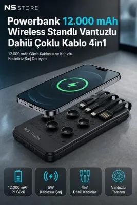 NS Store 12000 mAh Kablosuz Powerbank Standlı Vantuzlu Dahili 4'ü 1 Arada Kablolu Hızlı Şarj Cihazı