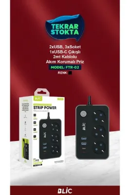Blic FTR-02 Termal Akım Korumalı Çoklu Priz 2xUSB-A 1XUSB-C 3XAC Socket 2Mt.PD20W