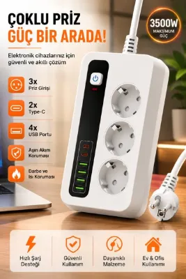 MATECHNO 3500W 3'lü Topraklı Akım Korumalı Çoklu Priz | 2 Type-C PD + 4 USB Hızlı Şarj Girişli | Açma/Kapama Anahtarlı | Alev Güvenli Grup Priz Uzatma