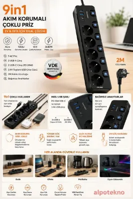 alpotekno 9'u 1 Arada Akım Korumalı 5'li Grup Priz | 2x USB-C PD 20W + 2x USB-A | 3680W 16A | 1050 J