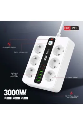 ROSE TEKNOLOJİ 6 PRİZ 4 USB 2 TYPE-C GİRİŞLİ AKIM KORUMALI VE ÇOCUK KİLİTLİ 2 M UZATMA KABLOLU PRİZ