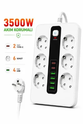 RAYLAX 6'lı Priz Çoklayıcı 4 USB + 2 Type-C Hızlı Şarjlı Anahtarlı Priz 3500W 2 Metre Kablo