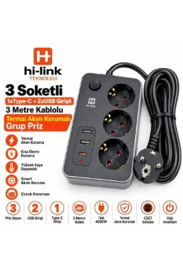 Antenci hi-link 3 Soketli 1xTypeC+2xUSB Girişli 3 Metre Kablolu Termal Akım Korumalı Grup Priz
