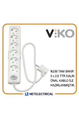 VİKO Multi-let 6'lı 7 Metre Anahtarlı Topraklı Çocuk K. Grup Priz (3x2.5 TTR TAM BAKIR KALIN KABLOLU)