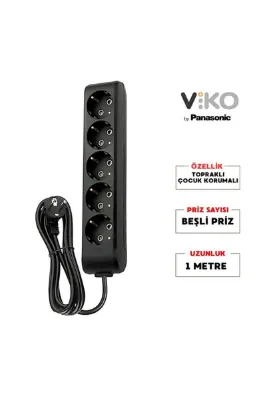 Viko | Beşli Grup Priz, Topraklı - Çocuk Korumalı Çoğaltıcı Priz, 5'li, 1 m, Siyah