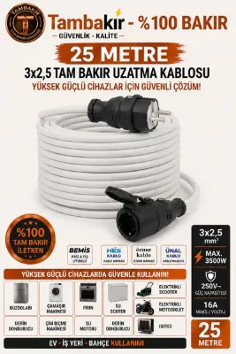25 Metre - 3x2,5 mm %100 Tam Bakır Uzatma Kablosu | Tekli Kauçuk Fiş | IP 44-IP 54 | Matkap, Testere, Zımpara, Depo, Atölye, Hilti ,Dayanıklı Dış mekan
