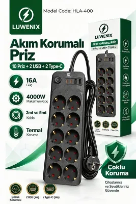 Luwenix 5mt 10’Lu Akım Korumalı Çoklu Priz – 2 USB + 2 Type-C | 4000W 16A | 4000 Joule | 5 Metre Bakır Kablo