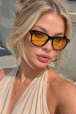 Chunky Frame Hugs Unısex Siyah Sarı Cam Yeni Sezon Oval Güneş Gözlüğü
