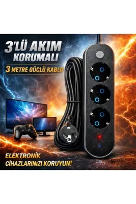 FIRSAT YOLU 3lü Akım Korumalı Priz Anahtarlı Parafudr Anti-Statik 3x1.5mm 3 Metre Uzatma Kablosu Çocuk Korumalı