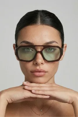 REN EYEWEAR RIVER Kadın Güneş Gözlüğü Kahverengi Çerçeve Yeşil Cam UV400 Korumalı Köşeli Yeni Sezon