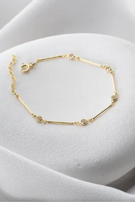 Nereze 925 Ayar Gümüş Gold Kaplama Zirkon Taşlı Çubuk Model Bileklik