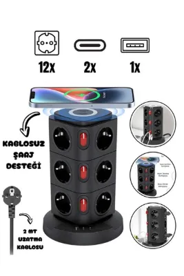asua Akım Korumalı Priz Kablosuz Şarj İstasyonu 12xSoket 1xUSB 2xType-C 2 MT Kablolu Grup Priz Çoğaltıcı
