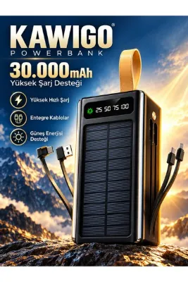 kawigo 30.000 mAh Solar Powerbank Güneş Enerjili Powerbank Hızlı Şarj Destekli Entegre Kablolu LED Powerbank