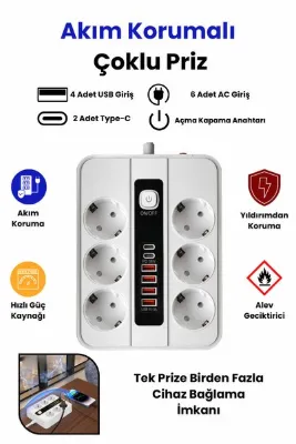 Yussraw Pro P11 6x Priz 3000W Termal Akım Korumalı 4x USB 2x Type-C Girişli Çoklu Priz kablo uzunluğu 1,8m