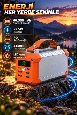 TECHNOMEN 60.000 mAh Powerbank 22.5W PD Hızlı Şarj 4 Dahili Kablolu LED Kamp Lambalı Taşınabilir Şarj Cihazı