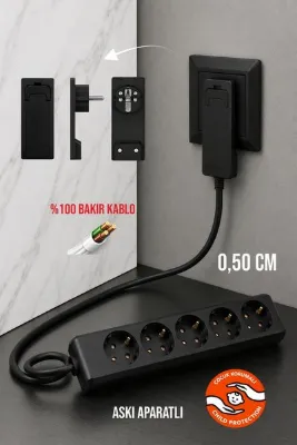 Aryes 5'li İnce Fişli Yer Kaplamayan Uzatma Kablosu 50 cm %100 Bakır