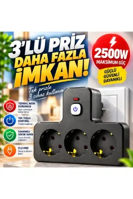 asua 3'lü Termal Akım Korumalı Topraklı Bakır İletken Çoklu Priz 2500W Açma/Kapama Anahtarlı Alev Yüksek Isıya Dayanıklı Grup Priz Uzatma