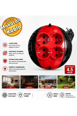 BULMAXX Bulmax BMX-1366 Mini Makaralı Kablo 3x1,5 mm 4,5 Metre 4 Gözlü Makaralı Kablo 4,5 Metre