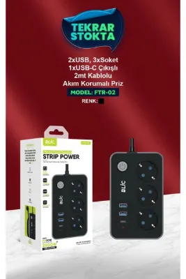 TUROVE Ftr-02termal Akım Korumalı (3LÜ PRİZ 2XUSB 1TYPE-C) 2 Metre Kablo Elektronik Ürünler Için Uygundur