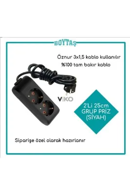 VİKO 2'li Siyah Topraklı Grup Priz / Öznur 3*1.5 Kablo Kullanılır 25 Cm