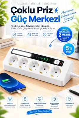 sonx 5'li Akıllı Çoklu Priz 2 USB 2 Type c Girişli LED Gece Lambalı Aşırı Yük Korumalı Açma Kapama Anahtarlı (2 METRE)