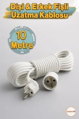 Badem10 Seyyar Uzatma Kablosu 10 Metre Dişi-Erkek Fişli F19C Kalın Priz Prizli Sanayi Bahçe Elektrik Kablosu