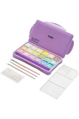 HIMI Jelly Cup Gouache Set Pastel Renkler Guaj Boya Seti 18 Renk x 30 gr. + 3 Fırça (Purple Case)