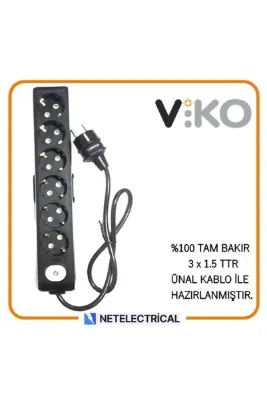 VİKO Multi-let Siyah 6'lı Anahtarlı 5 Metre Topraklı Çocuk Korumalı Kablolu Grup Priz