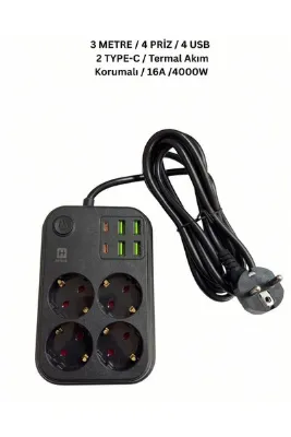 ZEYar Teknoloji Hi-Link 4 Prizli 4 USB ve 2 Type-C Çıkışlı Termal Akım Korumalı Uzatma Kablosu 3 Metre Siyah 4000W 16A
