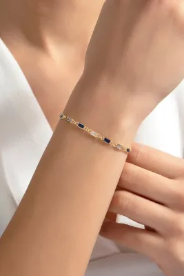 SARIASLAN Safir Beyaz Taşlı Baget Gümüş Bileklik 14 Ayar Gold Renk