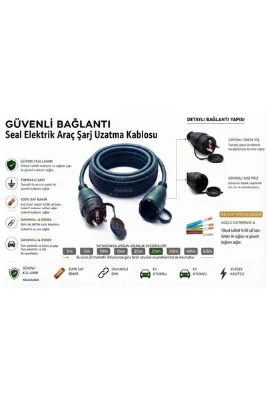Seal Elektrik Evden Araç Şarj Uzatma Kablosu 30 Metre 3x2.5 Saf Bakır - Su Geçirmez Kapaklı Elektrikli ve Hibrit Araç Şarj Kablosu