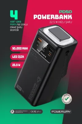 POWERWAY 50.000 mAh PD 22.5W Hızlı Şarj Dahili Kablolu Kamp Taşınabilir Güç Kaynağı Siyah PD50 Powerbank