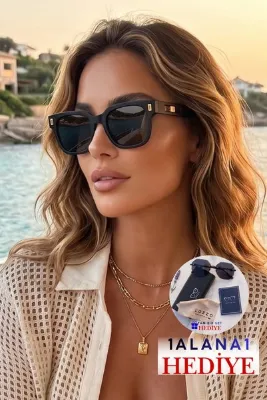 Lozzo Kadın UV400 Mat Siyah Gold Aksesuarlı Güneş Gözlüğü WP25-09 C2Mat
