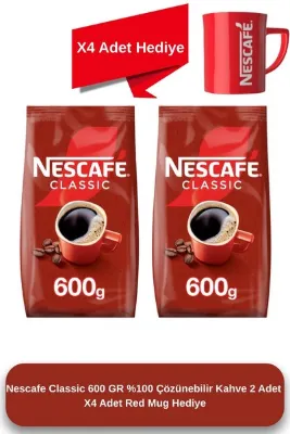 Nescafe Classic 600 GR %100 Çözünebilir Kahve 2 Adet X 4 Adet Red Mug